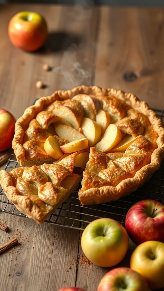 Classic One-Crust Apple Pie Recipe A classic apple pie with a golden crust, filled with spiced apple slices, on a rustic wooden table.